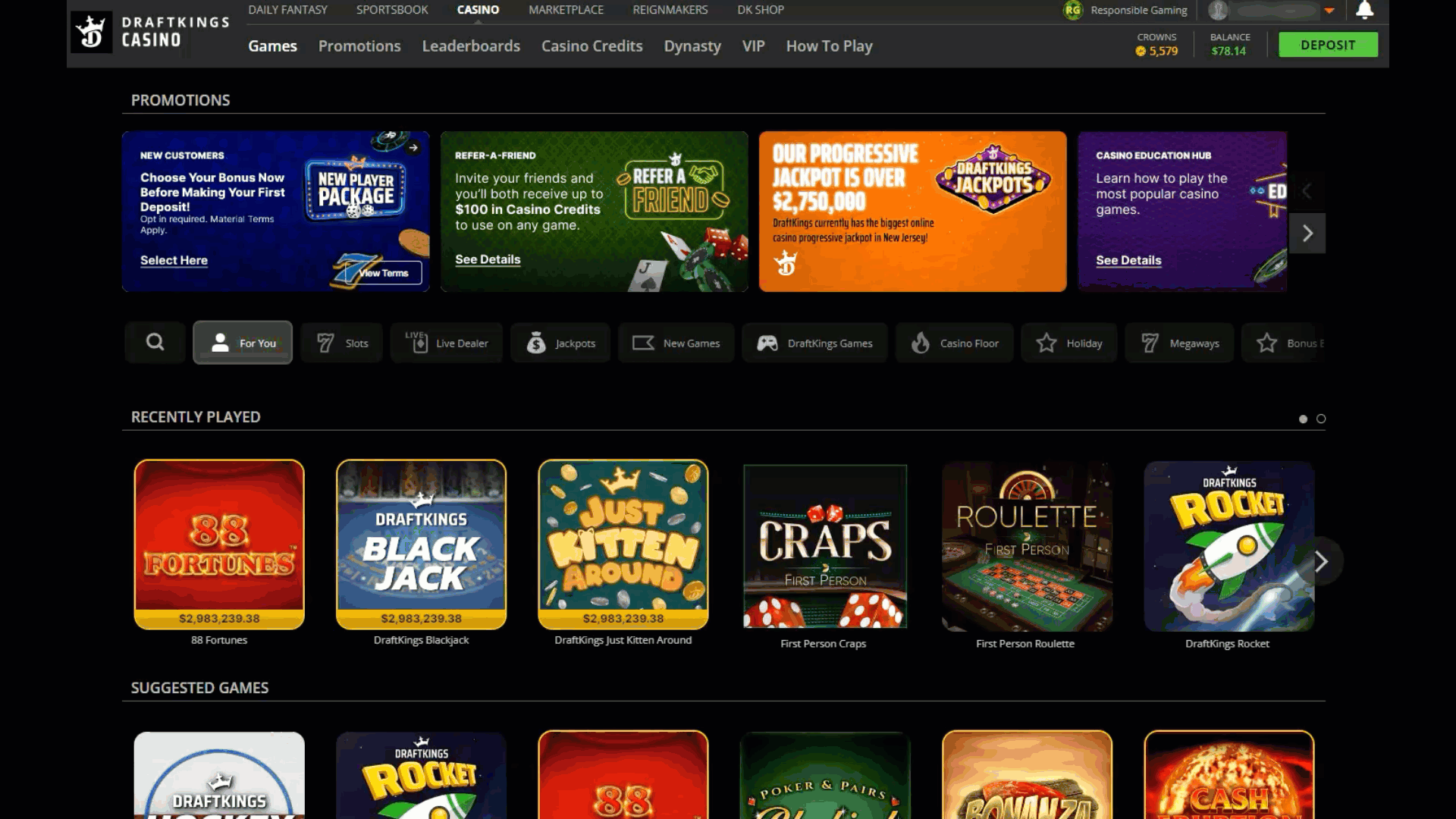 step by step on how to convert DraftKings crowns on desktop to Casino Credits for DraftKings Casino