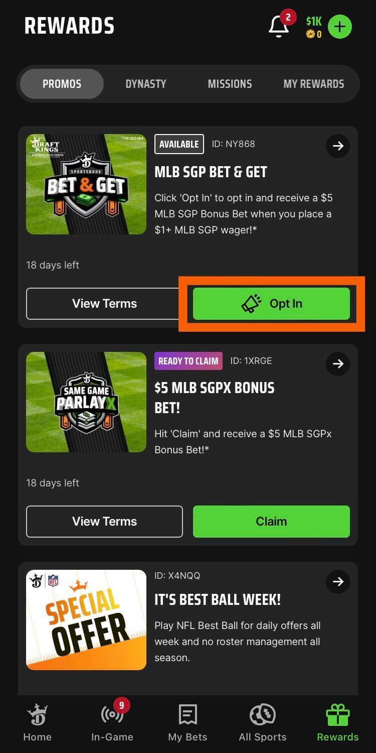 Opt in button within the Sportsbook app
