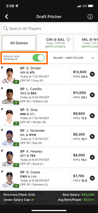 Relief Pitcher Toggle in the DraftKings Fantasy Sports app