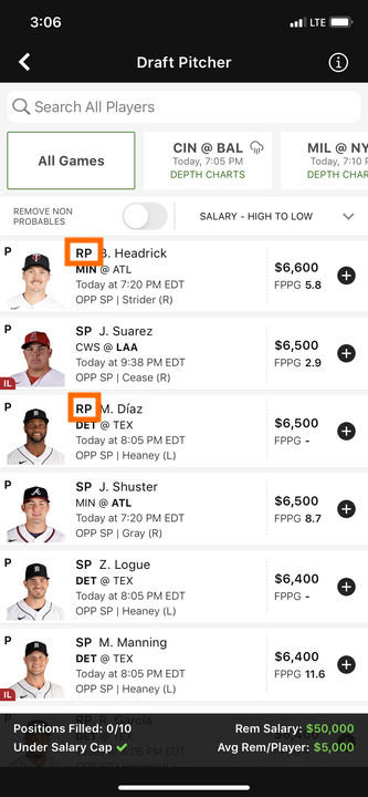 Relief Pitchers Toggle off in the DraftKings Fantasy Sports app