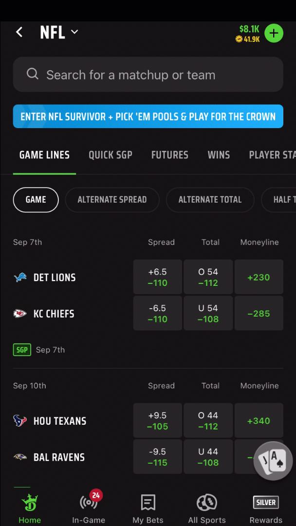 DraftKings NFL No Sweat Bet and Early Win bonuses