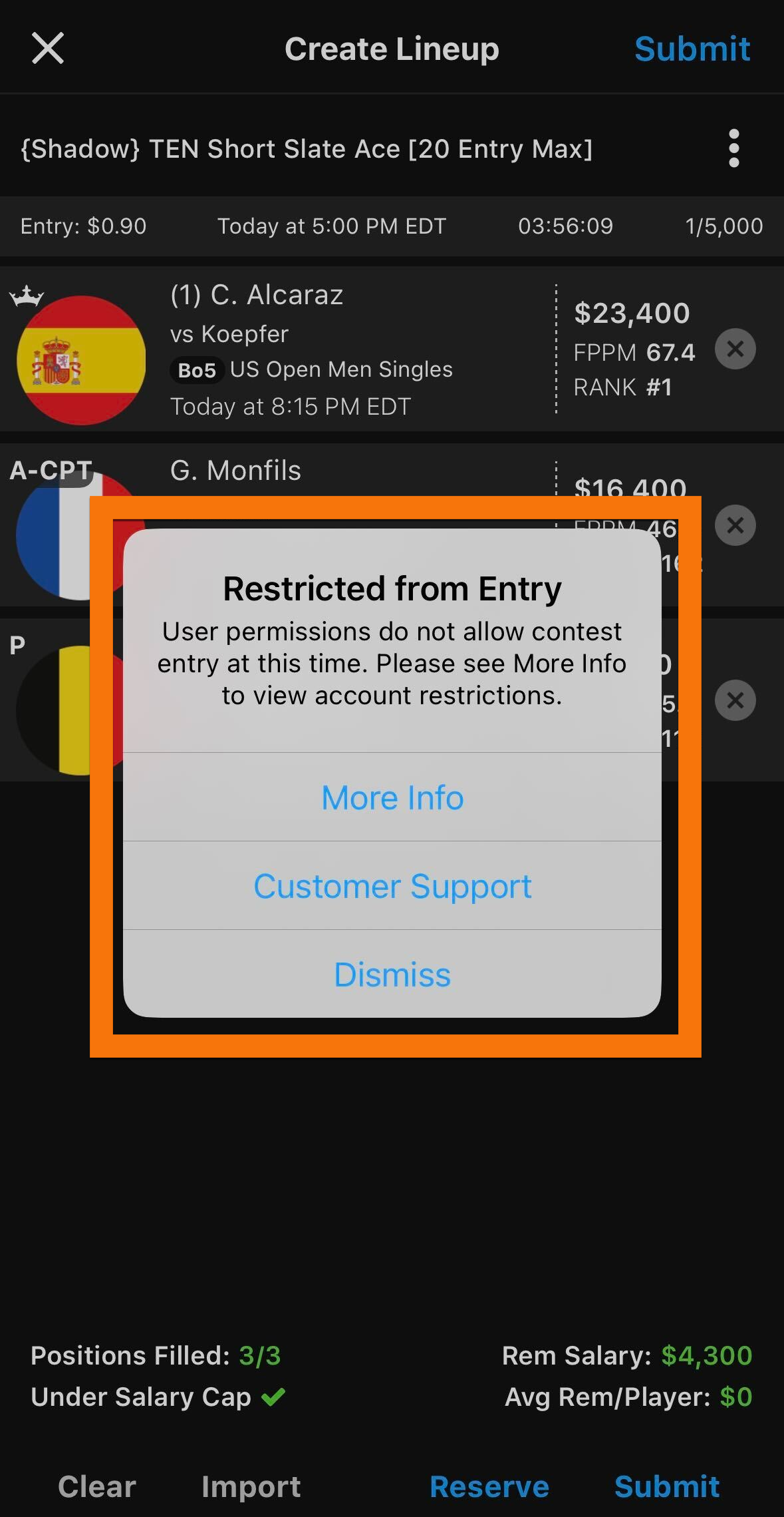 a visual example of what the messaging on the DraftKings Fantasy Sports app if you are in a
  jurisdiction where a sport is restricted for a Fantasy Sports Contest