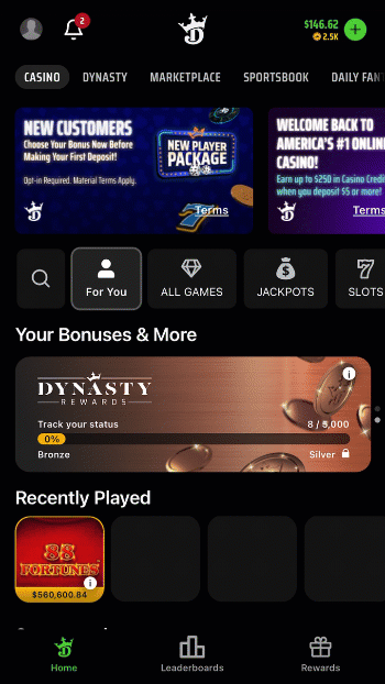 A visual walkthrough of how to find the Casino Bonus Tracker via the DrafKings app