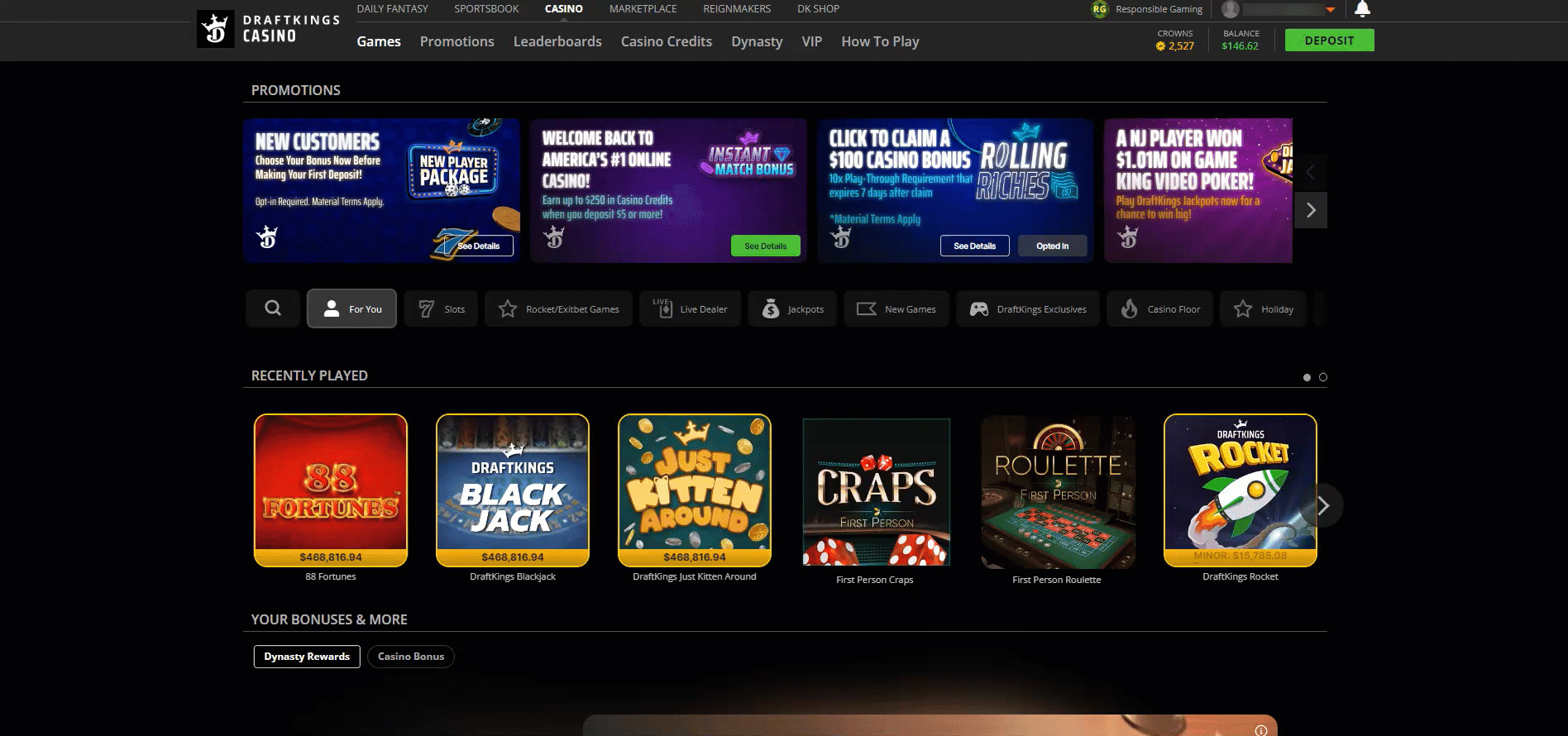 A visual walkthrough of how to find the Casino Bonus Tracker via the DrafKings website