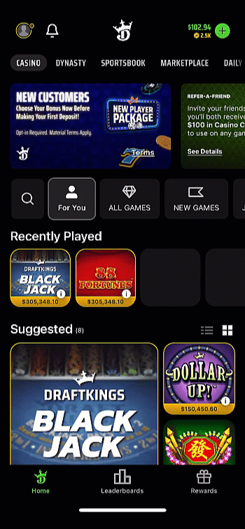 Walkthrough of how to to find the Terms of Use via the DraftKings Casino App