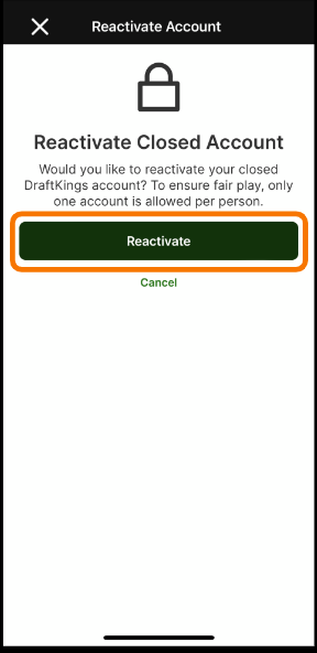 Image of the DraftKings reactivation screen in DraftKings app