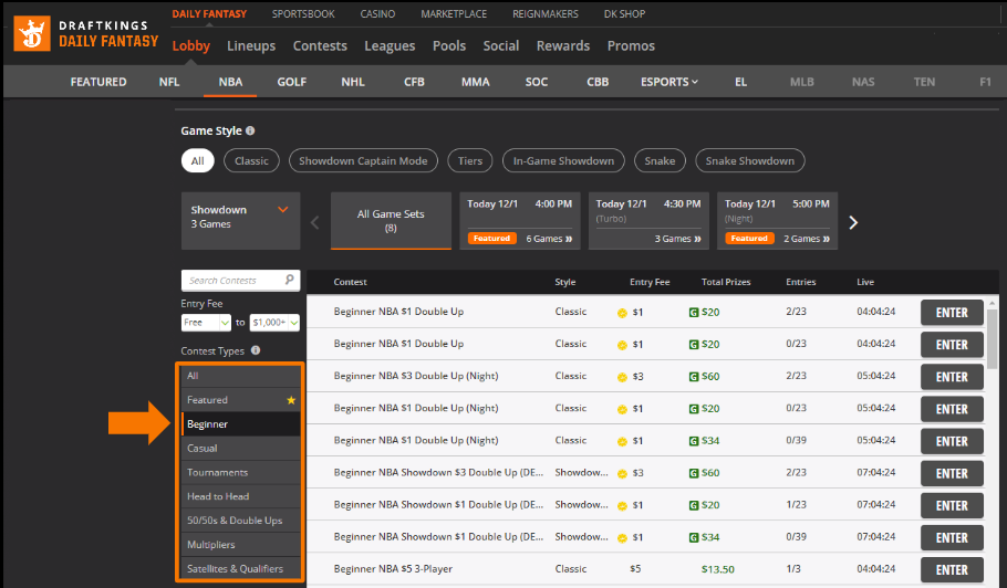 A visual example of where to find Beginner contests on the DraftKings Fantasy Sports website.