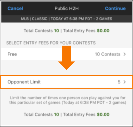a visual example of Opponent Limit for a Head-to-Head (H2H) Contest on DraftKings