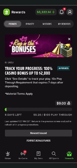 A visual walkthrough of how to forfeit a Casino Deposit Bonus in the DraftKings Casino app from the Promotions page