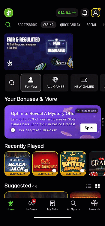 A visual walkthrough of how to forfeit a Casino Deposit Bonus in the DraftKings Casino app from the transaction balances page