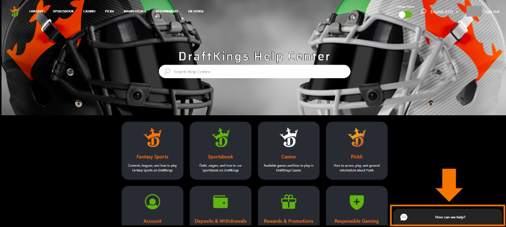 An image of the DraftKings Help Center webpage. The header features a darkened photo of a football helmet with orange accents, overlaying the DraftKings logo and 'Help Center' text. In the lower right corner, a prominent orange arrow points to a chat bubble icon with the text 'How can we help?'